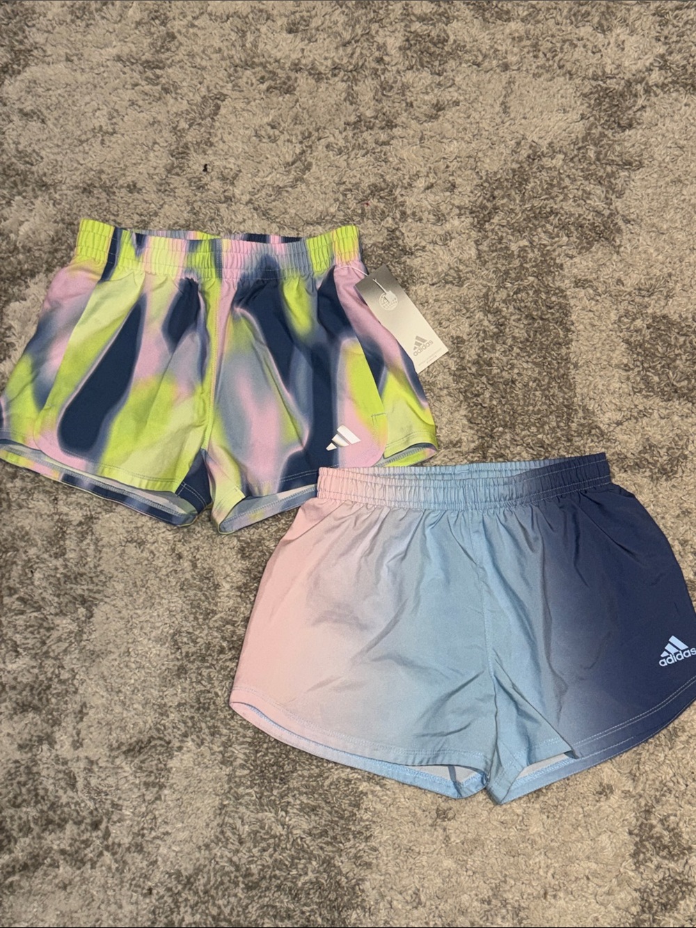 2 adidas Girls' Athletic Shorts Set - Neon Tie-Dye & Blue-Pink Ombre Sz 7/8